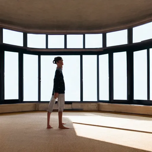 Image similar to person in pyjamas standing near window, turned back to camera, cinematography, sun rays, daylight, big french door window, big spatious room, carpet at the floor, wide shot 2 4 mm, anamorphic shot lens, walls at left and right sides, window at the center, wooden floor, modern, winter sun, photorealistic, high ceiling