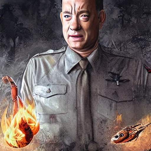 Image similar to Tom Hanks as forrest roasint a giant shrimp over a fire in the jungle, realistic digital painting, in the style of Aleksi Briclot, photoreailstic, realistic face, amazing detail, sharp