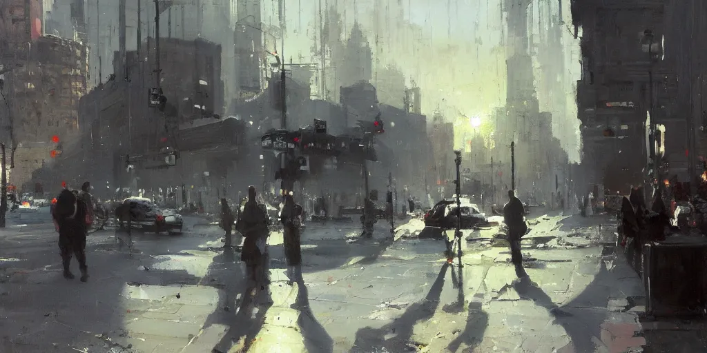 Prompt: street scene, morning sunlight, matt painting, painting by jeremy mann