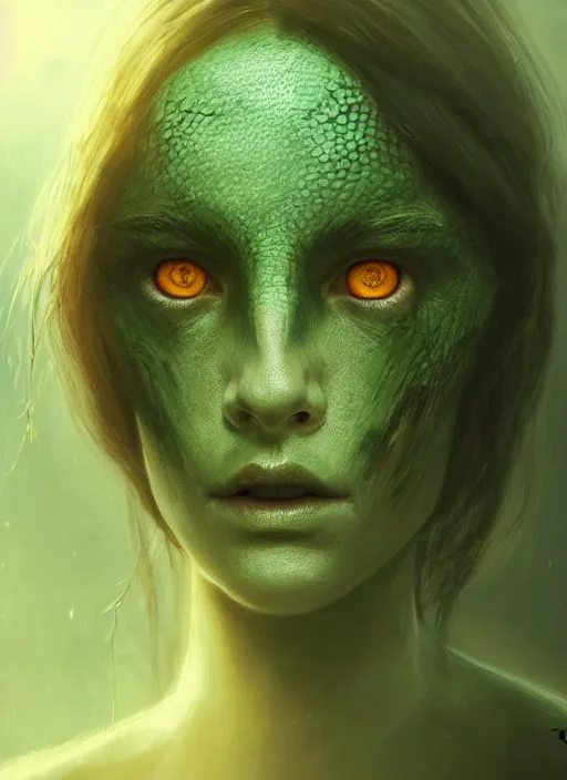 Image similar to portrait of a ominous girl, perfect green eyes, detailed reptile skin, ultra realistic, cinematic lighting, depth of field, artstation, Seb McKinnon