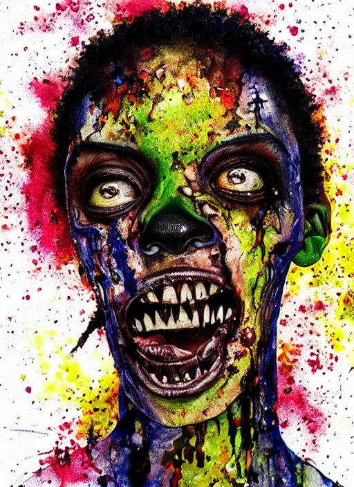 Image similar to african american zombie hollywood artwork professional acting headshot, hyperrealism, intricate detail, studio lighting, charming expression gesicht, hauntingly beautiful zombie, watercolor art, epic, legendary, drawn and painted, colored layers, dulled contrast, exquisite fine art, splatterpaint