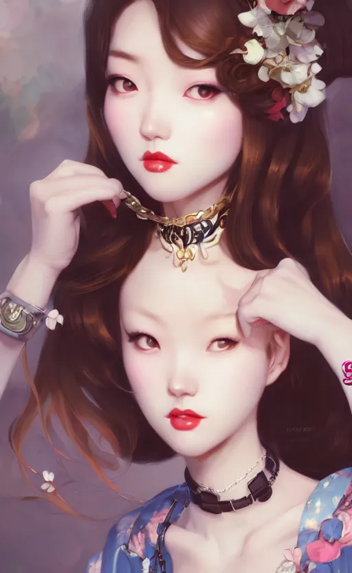 Image similar to a pin up and beautiful fashion charming dreamlke korea girl with lv jewelry, character art, art by artgerm lau and kyoung hwan kim and and ilya kuvshinov and john singer sargent, hyperdetailed, 8 k realistic, symmetrical, frostbite 3 engine, cryengine, dof, trending on artstation, digital art