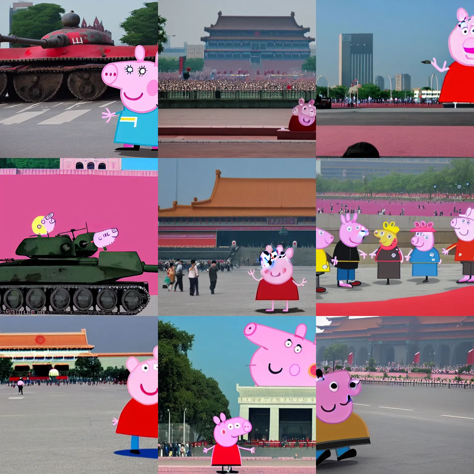 Prompt: peppa pig blocking a tank on tiananmen square