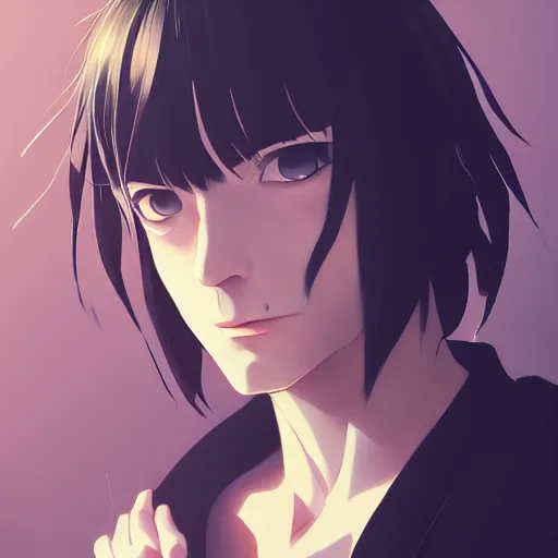 Image similar to a potrait of the crow in a bathrobe as an anime, fine, realistic, shaded, lighting, ilya, kuvshinov, katsuhiro, artgerm, jeremy, lipkin, michael, garmash detailed digital art, radiant, light, detailed, intricate, environment