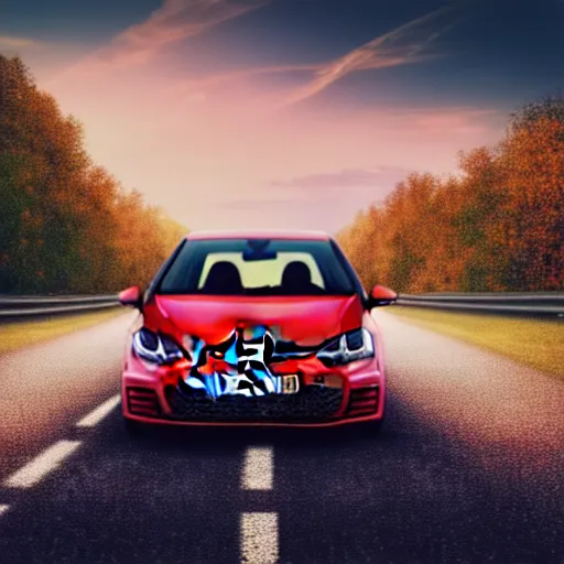 Prompt: a car VW Golf GTI in middle of road, Germany, city sunset, cinematic color, photorealistic, highly detailed, bokeh