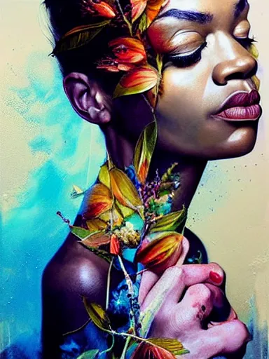 Image similar to double exposure, portrait of florence jones with a floral background : : painted by artgerm, karol bak, artur bordalo, sandra chevrier : : portrait, character, illustration, hyperrealism, photorealism