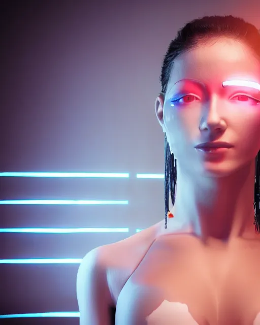 Prompt: close up photo of female dancer with cyberpunk implants with linear bright led lights over face and shoulders, inside white room, ultra - realistic and detailed, 8 k