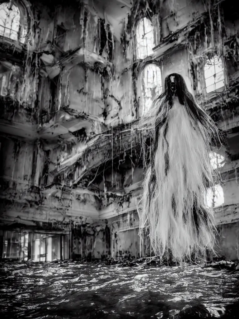 Image similar to cute drooping ectoplasmic fumo plush gothic maiden ghost apparition girl, in the lobby of a flooded abandoned hotel, tattered black and white dress, bokeh