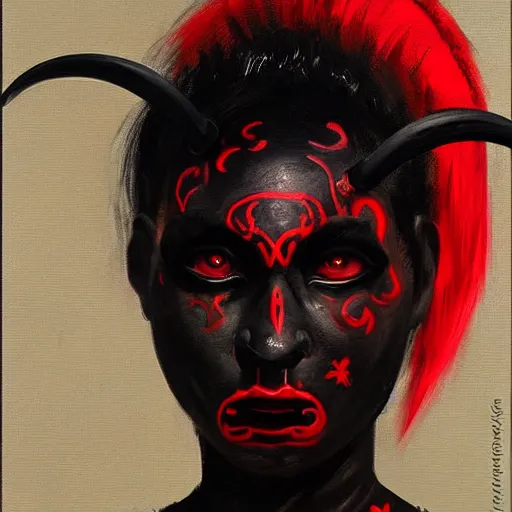 Prompt: painted portrait of an intimidating demon girl dressed in black, with ram horns and red skin. oil painting, fantasy art by greg retkowski and john singer sargent, character design