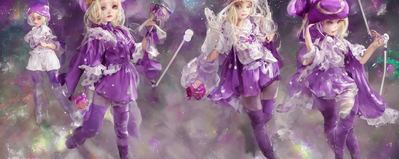 Prompt: A character sheet of a very cute magical girl with short blond hair wearing an oversized purple Beret, Purple overall shorts, Short Puffy pants made of silk, pointy jester shoes, a big scarf, and white leggings. Rainbow accessories all over. Flowing fabric. Covered in stars. Short Hair. Art byy Seb McKinnon and WLOP and Artgerm and william-adolphe bouguereau. Fashion Photography. Decora Fashion. harajuku street fashion. Kawaii Design. Intricate, elegant, Highly Detailed. Digital Art. Fantasy. Concept Art. Smooth, Sharp Focus, Illustration Photo real. realistic. Soft Lighting. 4K. UHD. Denoise.