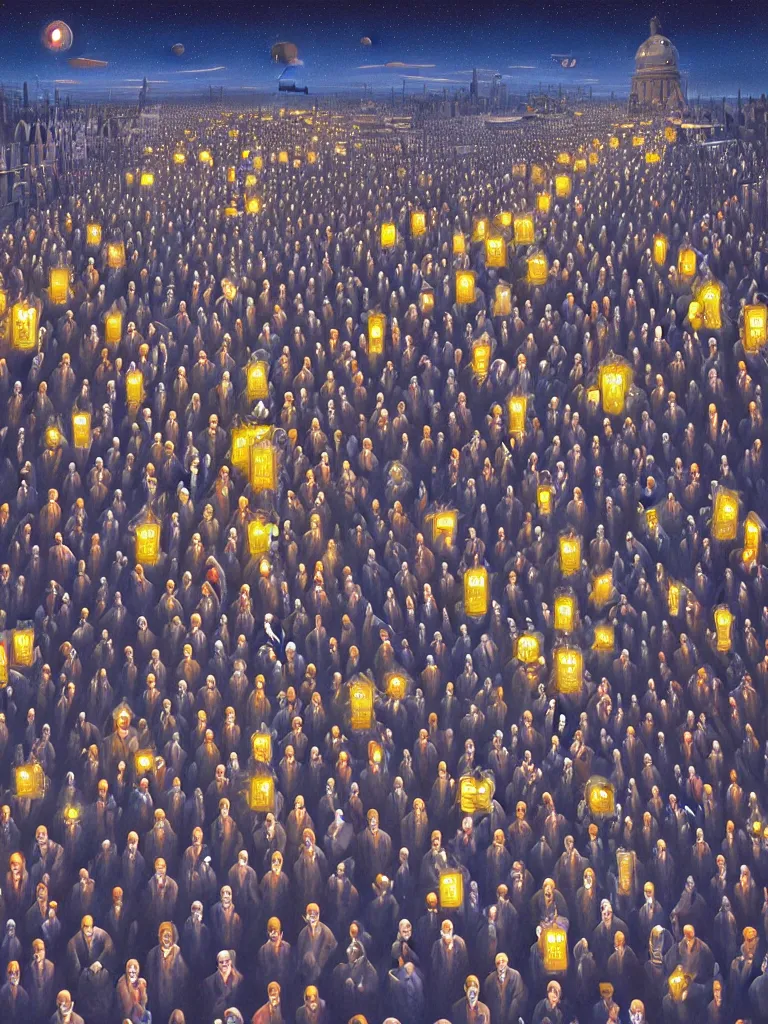 Image similar to A crowded street extending into the night sky, matte painting by Rob Gonsalves, in the style of Salvador Dalí, surrealism, magic realism, optical illusion art