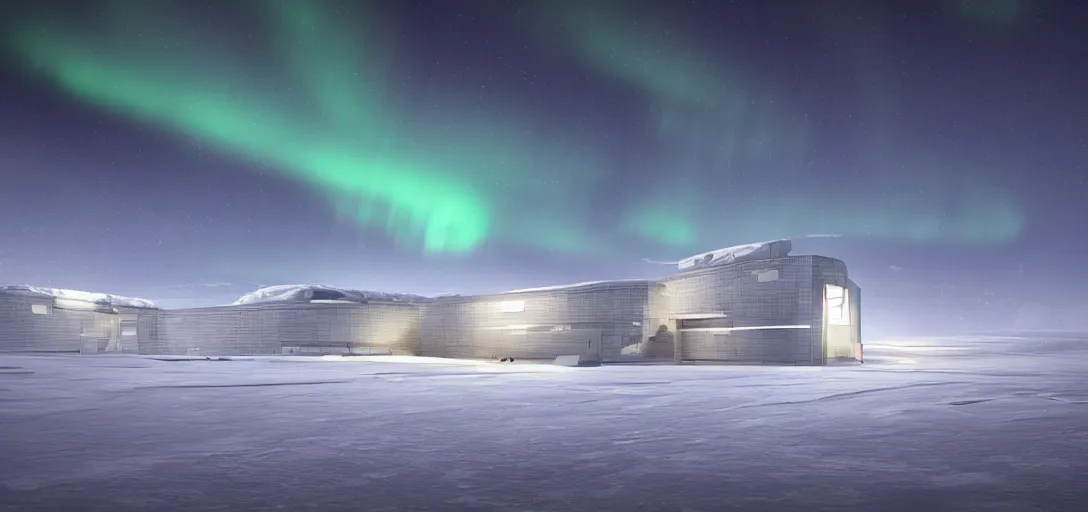 Prompt: modern research facility in the arctic at night, northern lights, aurora borealis, dramatic lighting, cinematic, establishing shot, extremely high detail, photo realistic, cinematic lighting, post processed, concept art, artstation, matte painting, style by eddie mendoza, raphael lacoste, alex ross