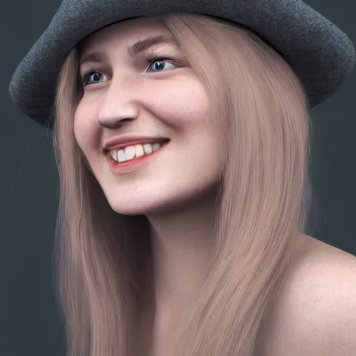 Image similar to a portrait of a beautiful smiling woman by daniel jackson, long hair, aged 2 5, swedish, wearing a travel hat, photo realistic, real life, photograph, 3 5 mm, octane render, trending on artstation