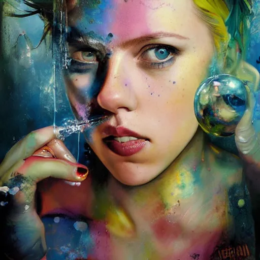 Image similar to drunken scarlett johansson as delirium from sandman, one green eye and one blue eye, hallucinating colorful soap bubbles, by jeremy mann, by sandra chevrier, by dave mckean and richard avedon and maciej kuciara, 1 9 8 0's, punk rock, tank girl, high detailed, 8 k