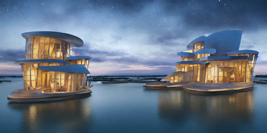 Prompt: sustainable floating architecture by frank gehry, curve, beautiful landscape, night view, flurry, 8 k, with furniture, octan render, unreal 5