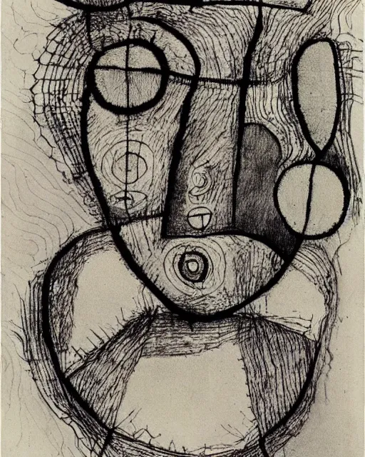 Image similar to portrait of a demon. Line drawing by Paul Klee. Pen and ink by Dali.