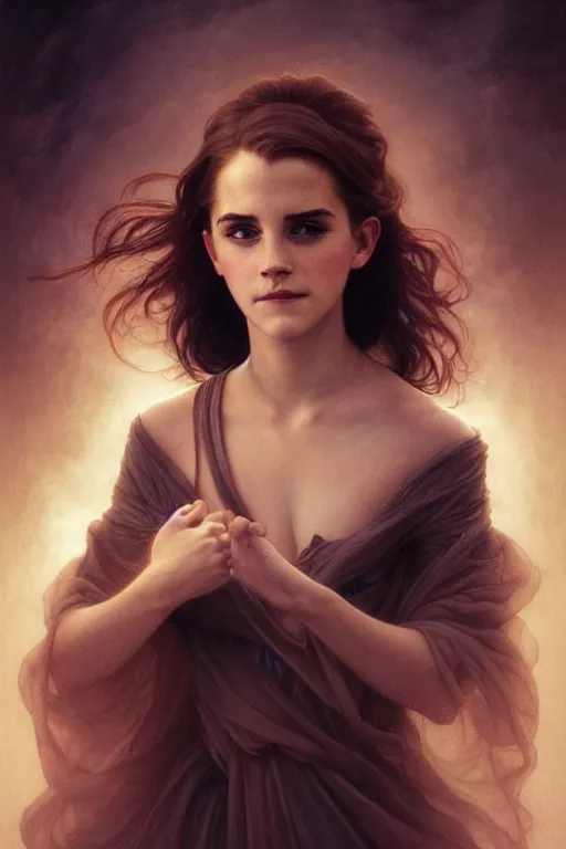 Image similar to beautiful emma watson, dark fantasy, cinematic lighting, intricate, elegant, highly detailed, digital painting, artstation, smooth, sharp focus, illustration, art by artgerm and greg rutkowski and zdislav beksinski and alphonse mucha and Wayne Barlowe and william-adolphe bouguereau