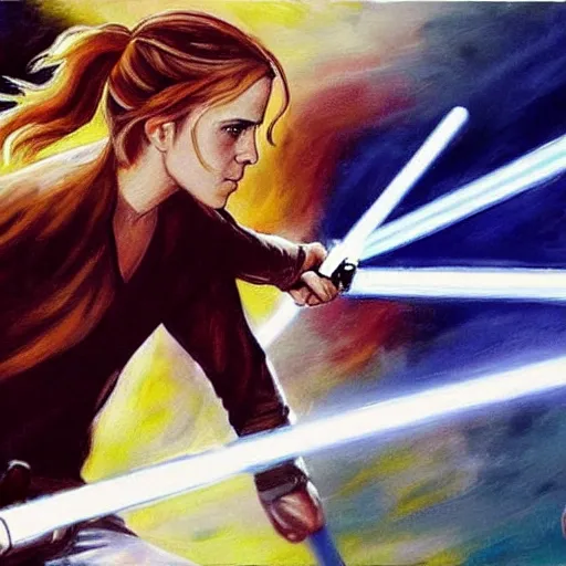 Image similar to a beautiful painting of Emma Watson fighting Luke Skywalker with a lightsaber, realistic Star Wars still