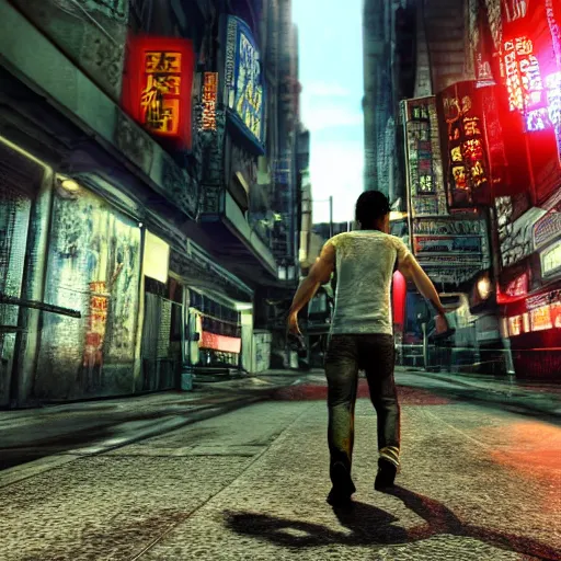 Image similar to sleeping dogs video game gameplay one point perspective. hyperrealistic, 4k, photorealistic, hyper-detaled, global illumination, post processed, hdr, 8k, very very sharp, sharpened, high detail, cinematic, cinematic lightning, cinematic shadows, octane render, high quality textures