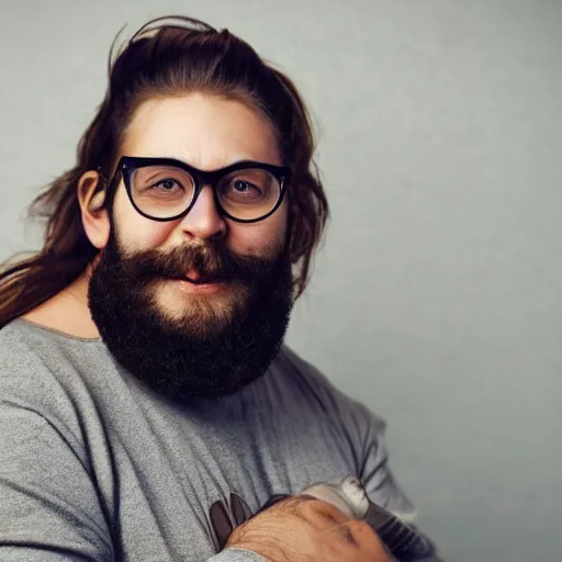 Prompt: overweight bearded brown haired man with manbun and glasses