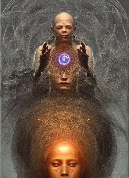 Prompt: portrait of a meditating cybernetic monk, cyberpunk, fractal, in the style of ghosts in the shell, intricate ornaments, elegant, highly detailed, digital photography, subsurface scattering, by jheronimus bosch and greg rutkowski,