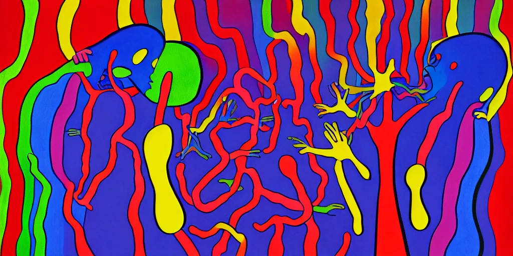 Image similar to a man being overcome by love, psychedelic dripping colors, detailed painting by painting by man ray and pablo amaringo david normal alex grey yayoi kusama