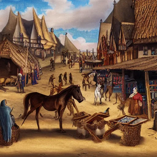 Image similar to a medieval horse market, fantasy art