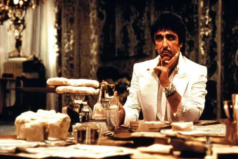 Image similar to tony montana from movie scarface 1 9 8 3 sitting at a table with big packages of flour. next to the night window. al pacino. perfect symmetric face, coherent eyes, medium shot, fine details, 4 k, cinestill, ron cobb