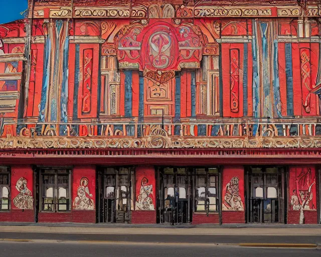 Image similar to photo of an outdoor mural of an opera house from the early 1 9 0 0 s in the style of art nouveau, red curtains, art nouveau design elements, art nouveau ornament, opera house architectural elements, painted on a brick wall, outdoor mural, mucha