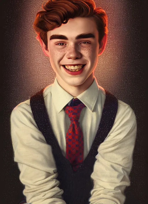 Image similar to portrait of teenage archie andrews, freckles, curly middle part haircut, curly hair, middle part hairstyle, smiling kindly, wearing a bowtie and sweater vest, intricate, elegant, glowing lights, highly detailed, digital painting, artstation, concept art, smooth, sharp focus, illustration, art by wlop, mars ravelo and greg rutkowski