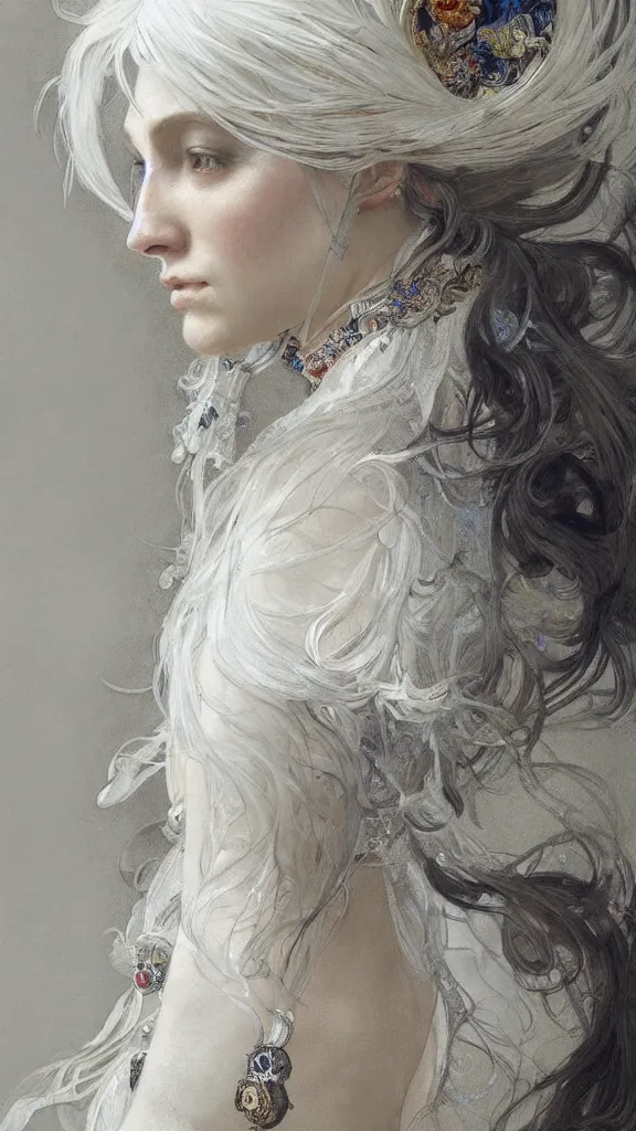 Image similar to a highly detailed beautiful white haired woman, adorned with precious stones, pen and ink, intricate line drawings by jeremy mann and alphonse mucha, 8 k resolution, trending on artstation, very very detailed, masterpiece, stunning,