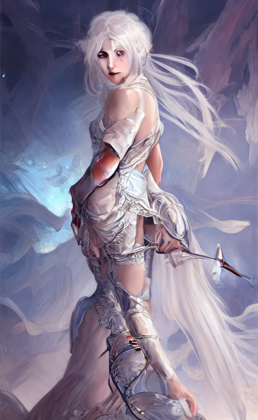 Image similar to portrait white hair knights of zodiac girl, sliver ice color reflected armor, in ruined agora of athens sunrise, ssci - fi and fantasy, intricate and very very beautiful and elegant, highly detailed, digital painting, artstation, concept art, smooth and sharp focus, illustration, art by tian zi and wlop and alphonse mucha