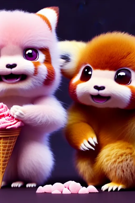 Image similar to high quality 3 d render hyperrealist very cute pastel fluffy! red panda & tarsier hybrid eating giant ice cream, vray smooth, in the style of detective pikachu, charlie immer, very dramatic light, low angle, uhd 8 k, shallow depth or field