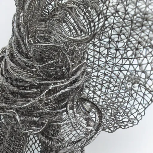 Image similar to realistic detailed silver metal wire sculpture of a towering jungle, first person pov