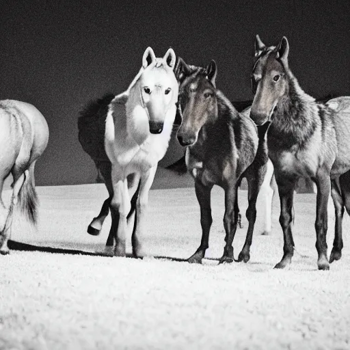 Prompt: wolf pack surrounding two horses at night