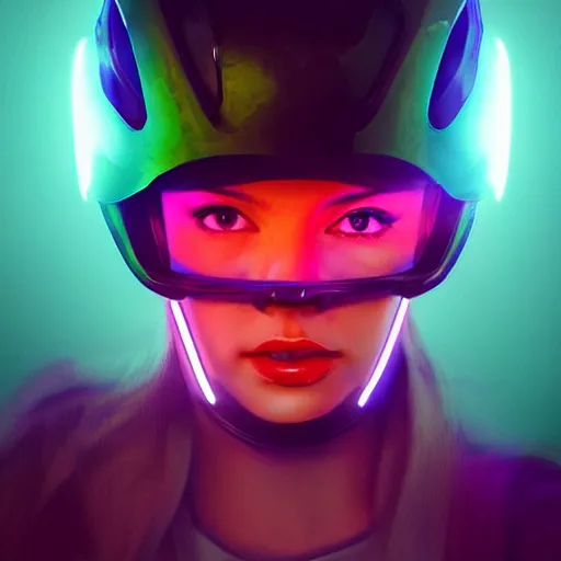 Image similar to a woman wearing a helmet which has neon on it very detailed with a great landscape, artstation unreal in portrait