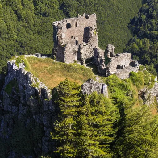 Prompt: photograph, a ruined castle on top of a big mountain, the photo was taken from very far away below the castke looking up at it, exteme far up, ultra high detail, 8 k