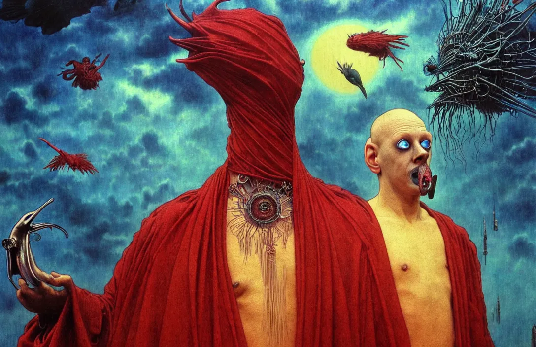 Image similar to realistic detailed portrait movie shot of a birdman wearing a dark robes, sci fi city landscape background by denis villeneuve, amano, yves tanguy, alphonse mucha, ernst haeckel, max ernst, roger dean, masterpiece, rich moody colours, dog teeth, blue eyes, sunrise