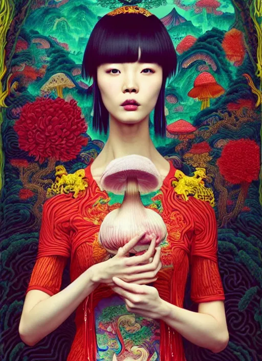 Image similar to pretty chinese model with hallucination mushroom : : by martine johanna and simon stalenhag and chie yoshii and casey weldon and wlop : : ornate, dynamic, particulate, rich colors, intricate, elegant, highly detailed, centered, vogue, harper's bazaar art, fashion magazine, smooth, sharp focus, octane render, 8 k