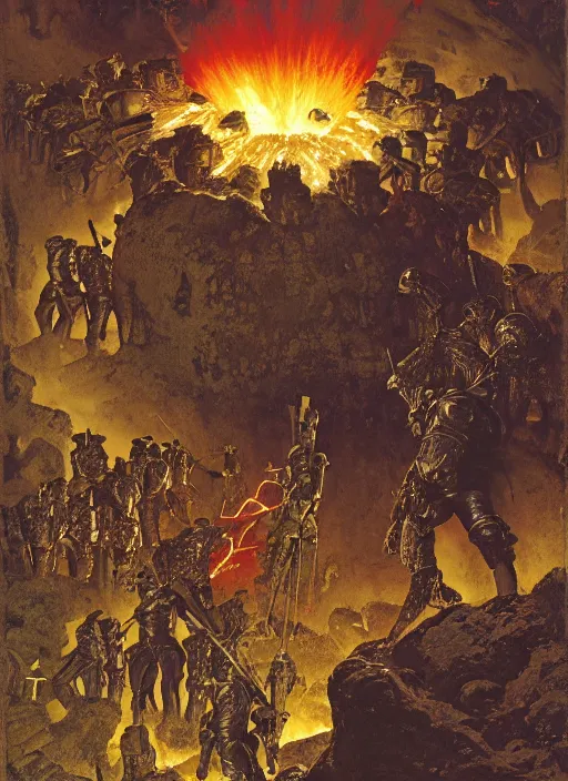 Image similar to knight in armour in lava cave, explosions, lava flows, dynamic action, by lawrence alma - tadema and zdzislaw beksinski and norman rockwell and jack kirby and tom lovell and greg staples