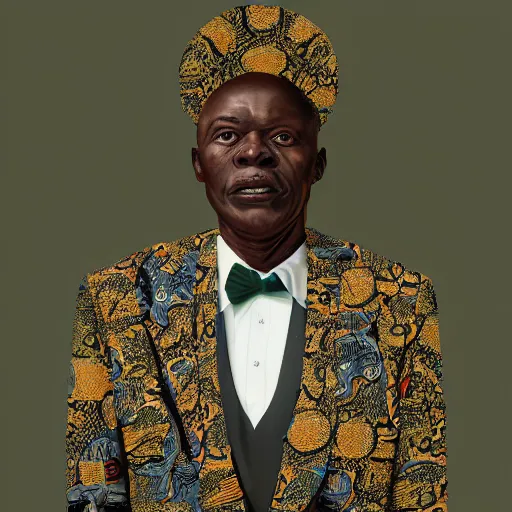 Prompt: a painting of a round face, XXL, Loving, caring, generous, ever-present, humble, wise elder from Kenya in a suit by Kehinde Wiley . Fatherly/daddy, focused, loving, leader, relaxed,. ethereal lights, details, smooth, sharp focus, illustration, realistic, cinematic, artstation, award winning, rgb , unreal engine, octane render, cinematic light, macro, depth of field, blur, red light and clouds from the back, highly detailed epic cinematic concept art CG render made in Maya, Blender and Photoshop, octane render, excellent composition, dynamic dramatic cinematic lighting, aesthetic, very inspirational, arthouse.