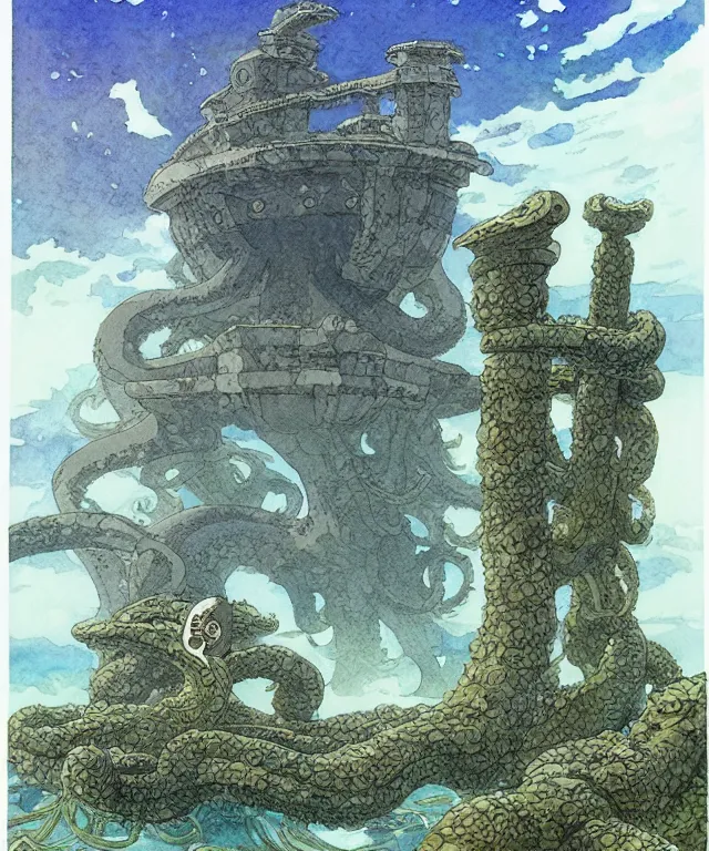 Image similar to a hyperrealist studio ghibli watercolor fantasy concept art of a giant grey octopus building stonehenge underwater. by rebecca guay, michael kaluta, charles vess