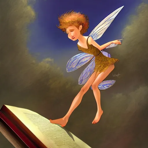 Prompt: a fairy hovers above an open book, highly detailed, digital painting, sharp focus, fantasy art