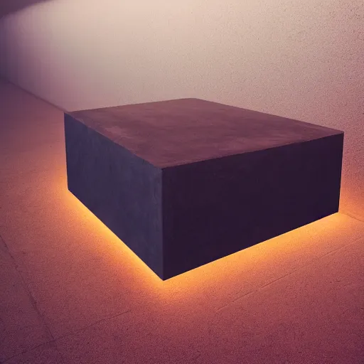 Prompt: high tech concrete bench cube, natural wood top, minimal, dramatic lighting and composition, trending on artstation, concept art, red light, soft corners