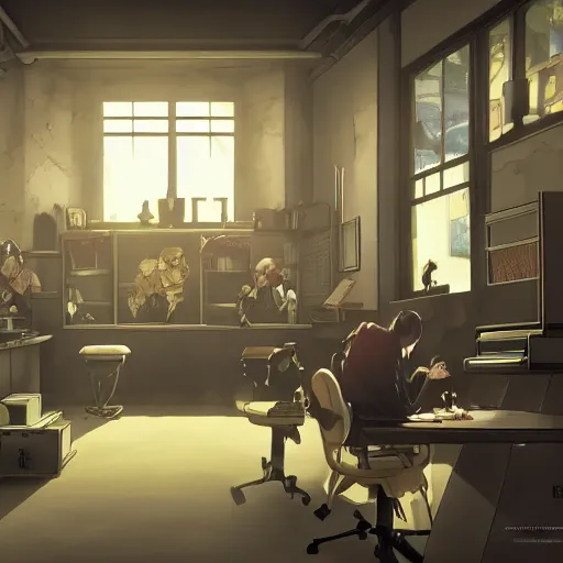 Image similar to interior of banana mafia office, anime fantasy illustration by tomoyuki yamasaki, kyoto studio, madhouse, ufotable, square enix, cinematic lighting, trending on artstation