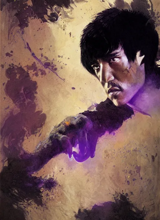 Prompt: bruce lee emerging from purple and black water by greg rutkowski, claude monet, conrad roset, takato yomamoto, rule of thirds, sigma look, beautiful