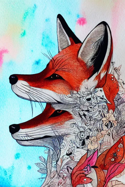 Prompt: intricate and detailed illustration of a fox using watercolor and ink by teagan white, artstation digital art, 8 k dop dof hdr, vibrant splash colors