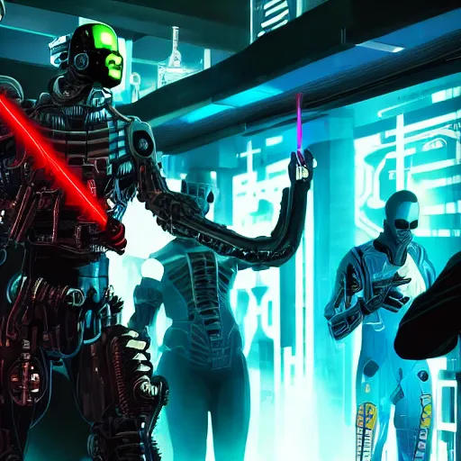 Image similar to a cyborg cyberpunk man stepping into a cyberpunk bar. His right hand is a laser pistol while his other hand has a laser katana. He is surrounded by men with laser katanas as well. The cyborg has a smirk on his face. Neon colors.