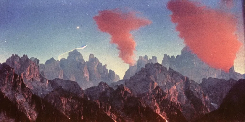 Prompt: 1 9 2 0 s color spirit photography 9 1 1 1 2 1 of alpine red sunrise in the dolomites, smoke from mountains, shooting star, by william hope, beautiful, dreamy, grainy