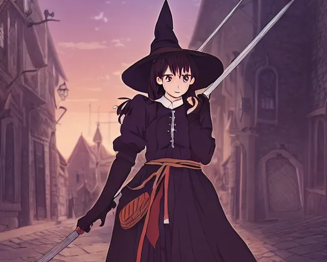 Image similar to key anime visual portrait of a young female witch walking through a busy medieval village, dynamic pose, dynamic perspective, cinematic, dramatic lighting, detailed silhouette, anime proportions